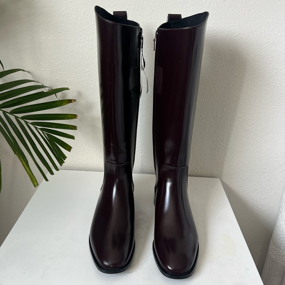 Zara Tall Patent Leather Heeled Boots in Deep Burgundy